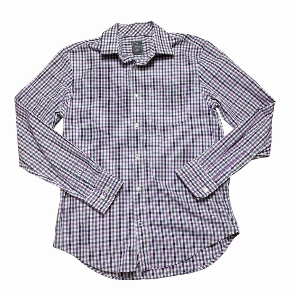 Gap Men's Medium M Non-Iron Gingham Dress Shirt Purple Gray White Spread Collar
